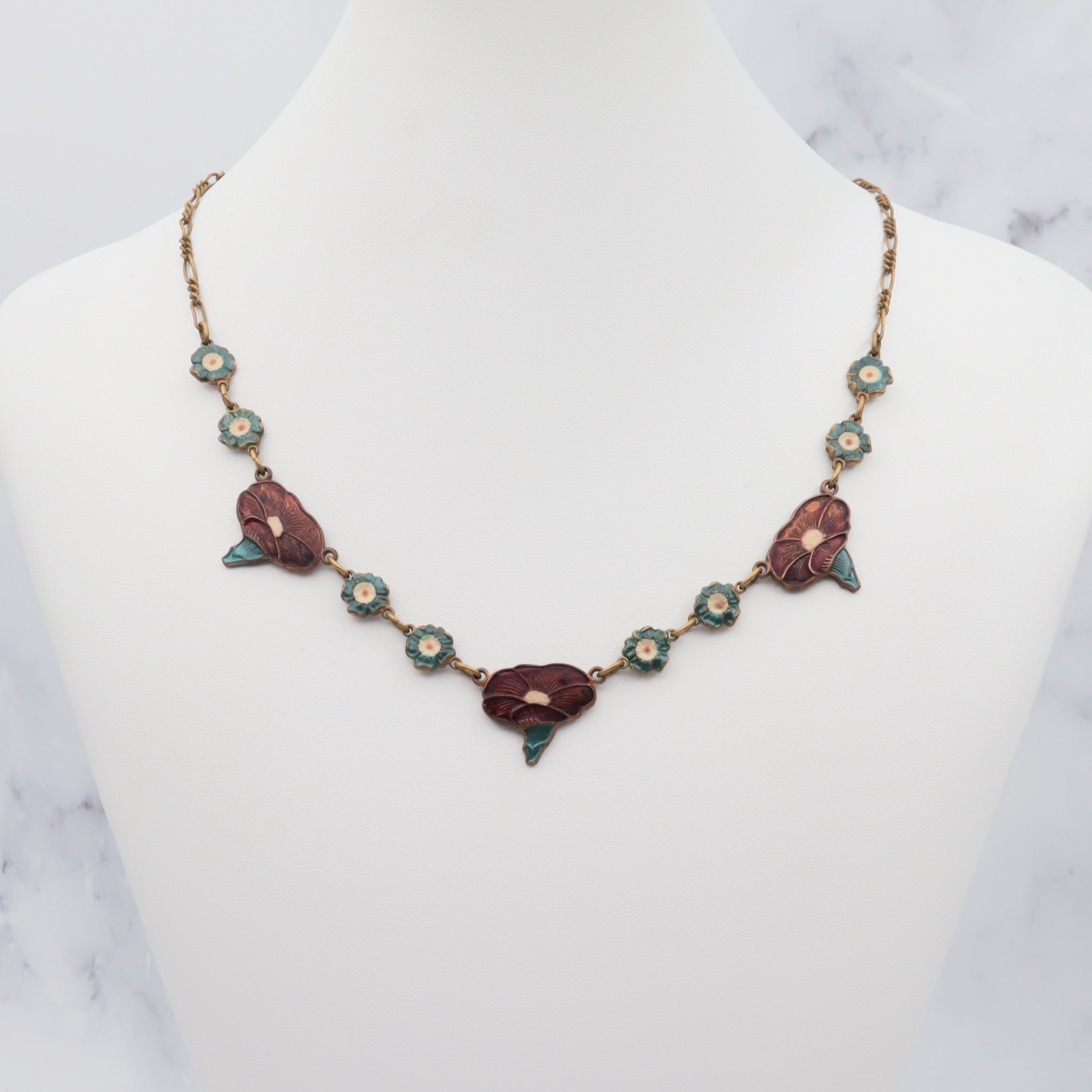 Antique Art Nouveau enamel on copper and brass floral necklace, 16.5"